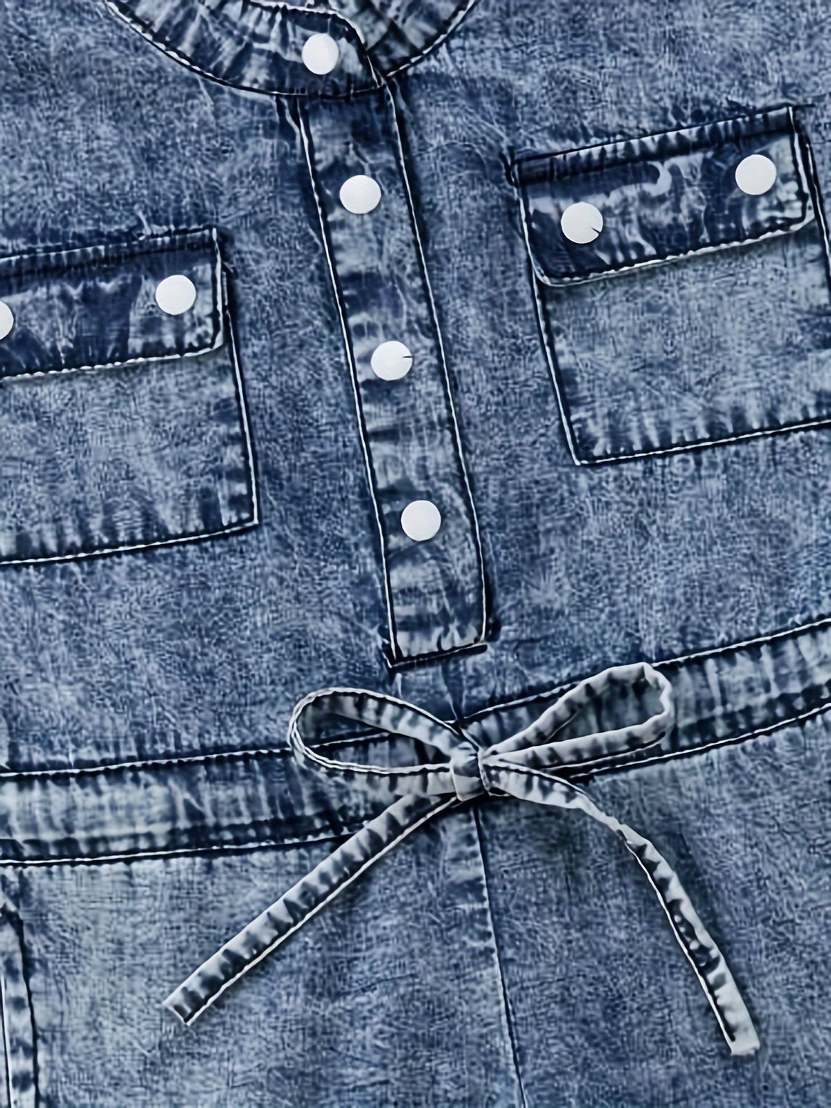 Girls' Blue Denim Jumpsuit with Chest Pockets and a Tie Waist for Collared Sleeveless Everyday Outfits