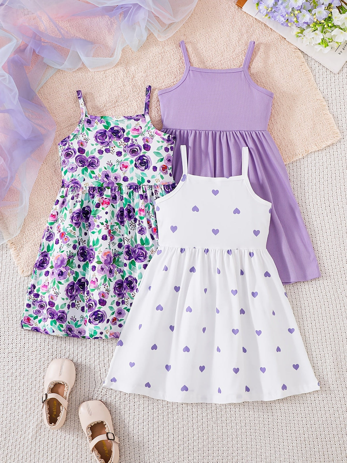 Girls' Printed Sundresses in a Purple Three-Pack Pairing Floral and Heart Designs with a Solid Dress