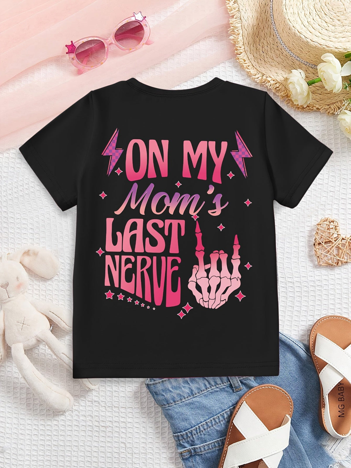 Girls' Last Nerve Graphic Cotton T-Shirt with Pink Front and Back Prints in a Casual Short Sleeve Style