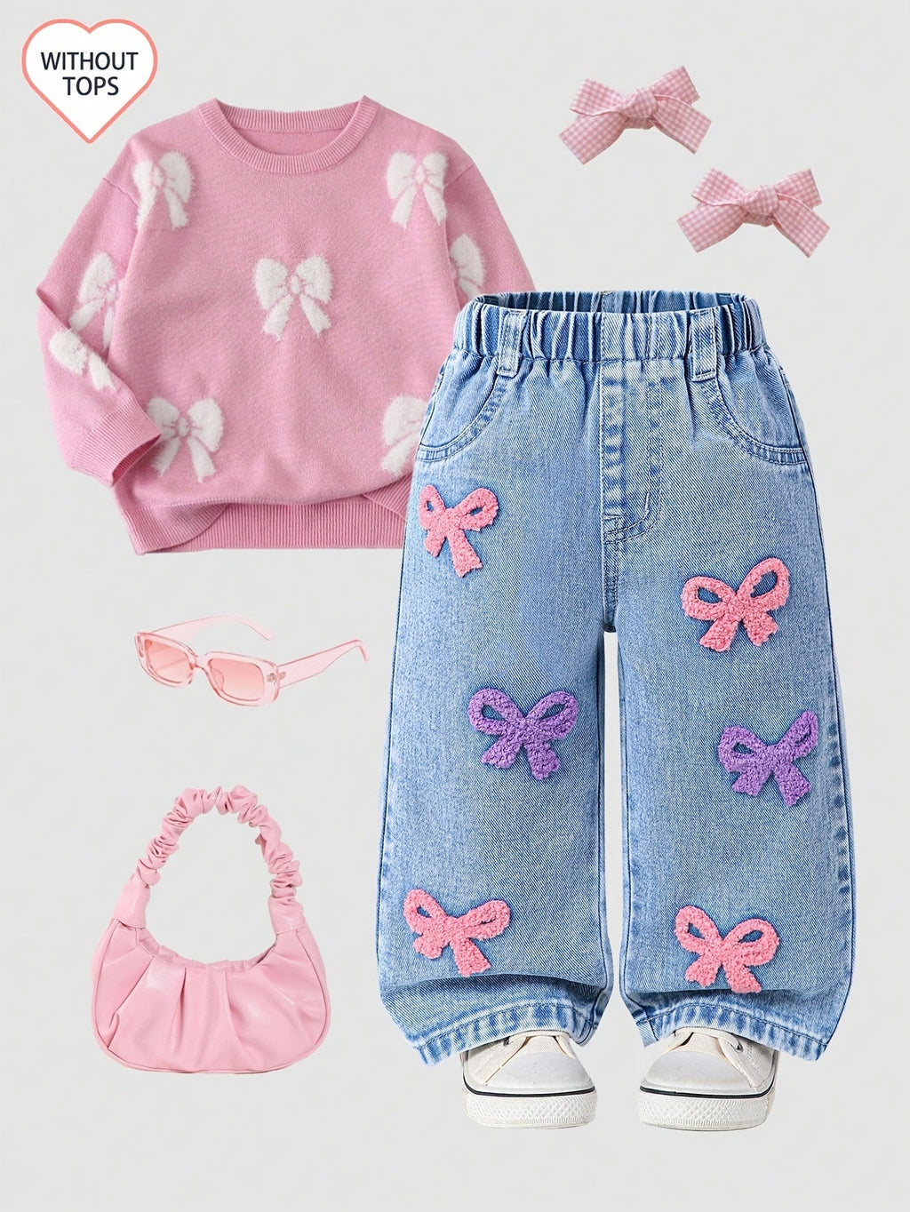 Baby Girl Bow Embroidered Jeans in Light Blue with Pink and Purple Details for Relaxed Everyday Outfits