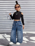 Girls' Wide Leg Denim Jeans in Washed Blue with Large Bow Details and Elastic Waist for Casual Outfits