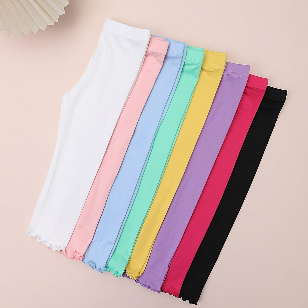 Girls' Eight Pack Colorful Leggings with Lettuce Edge Hems and Elastic Waists for Everyday Layering