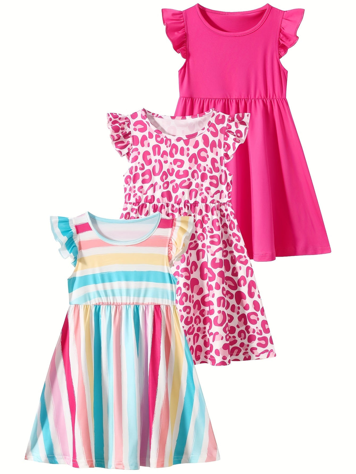 Girls' Three-Piece Random Summer Clothing Assortment Featuring Dresses and Rompers in Mixed Colors