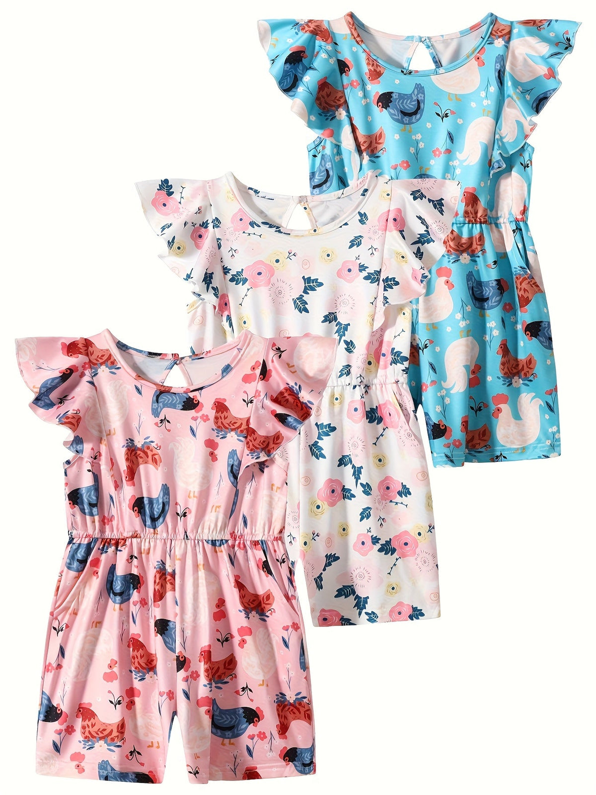 Girls' Three-Piece Random Summer Clothing Assortment Featuring Dresses and Rompers in Mixed Colors