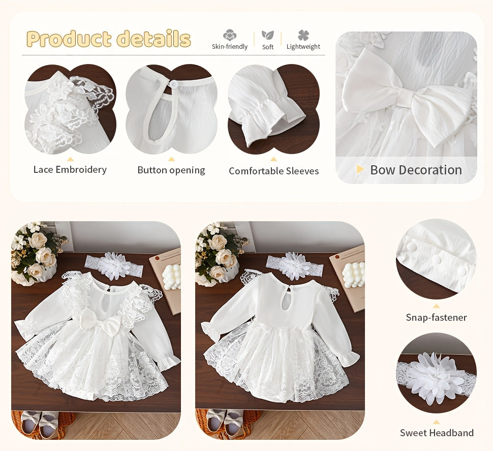 Baby Girls' White Lace Dress and Floral Headband Set for Family Occasions with Long Sleeves and a Front Bow