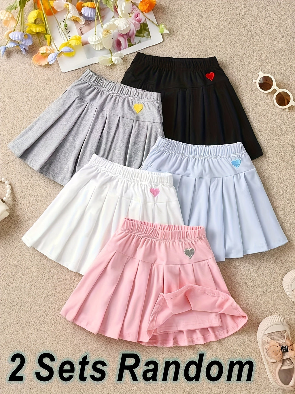 Girls' Pleated Skort 2-Pack in Random Colors with Built-In Shorts and Small Heart Patches at the Waist