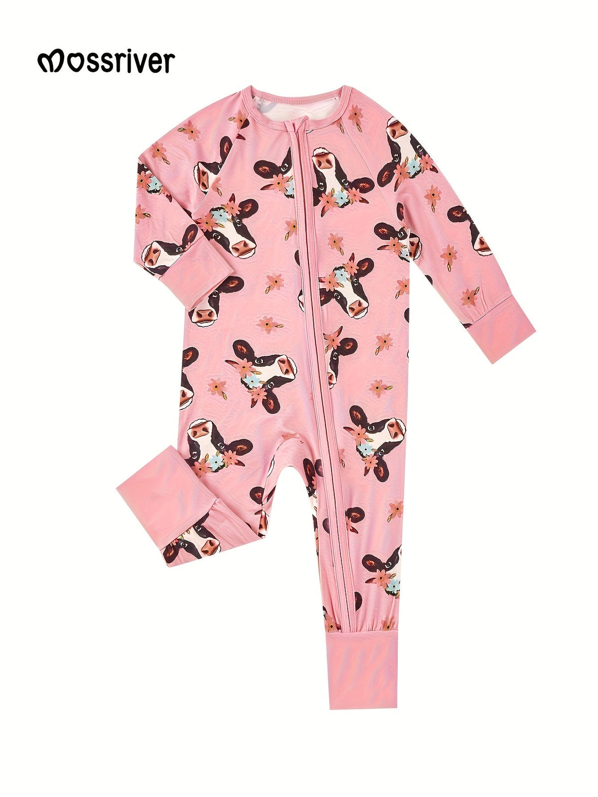 Baby Girl Cow Print Zip Romper in Pink with Floral Details and Long Sleeves for Everyday Changing