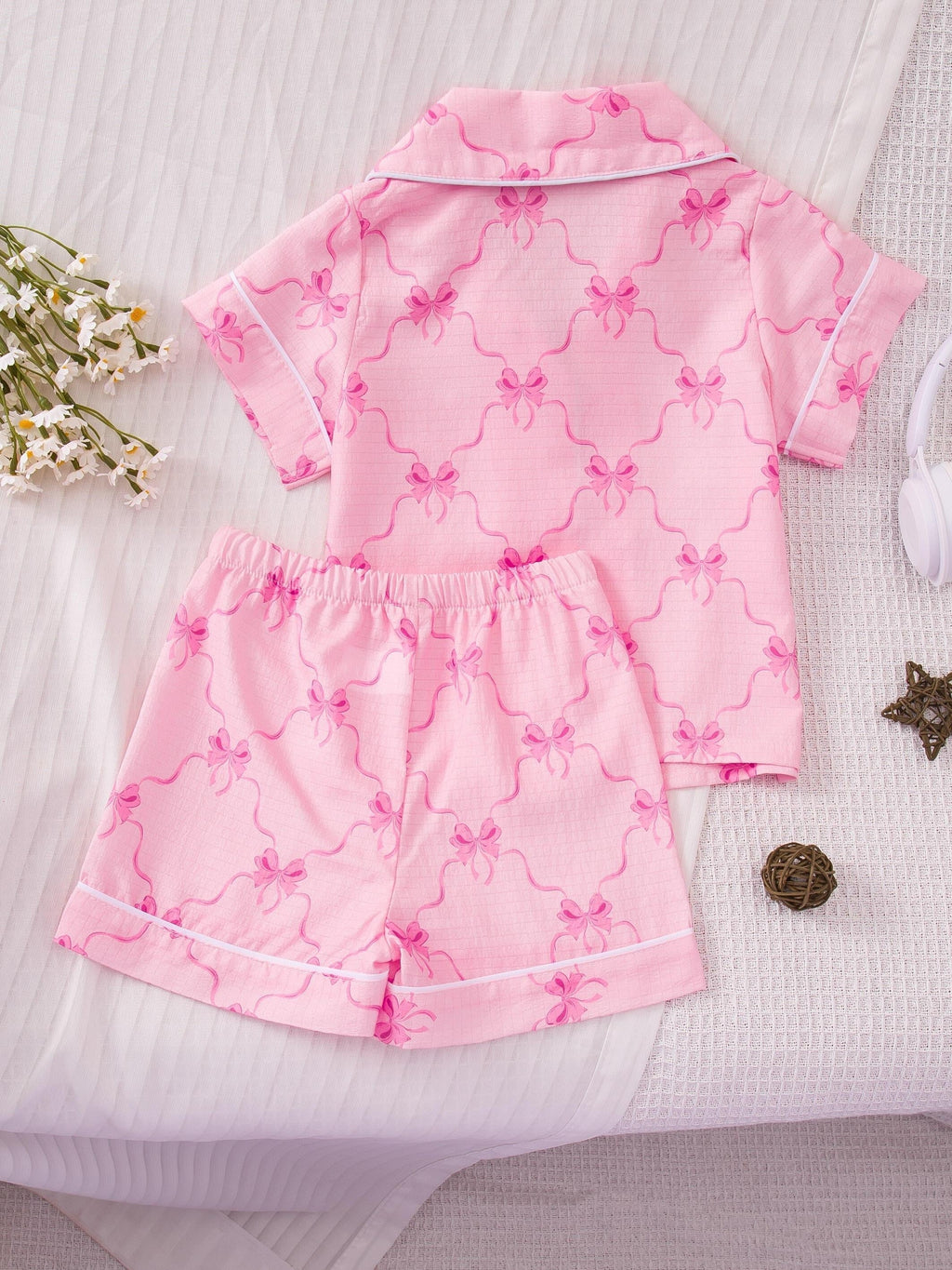 Girls' Printed Pajama Set with a Collared Short Sleeve Shirt and Matching Shorts in One Random Design