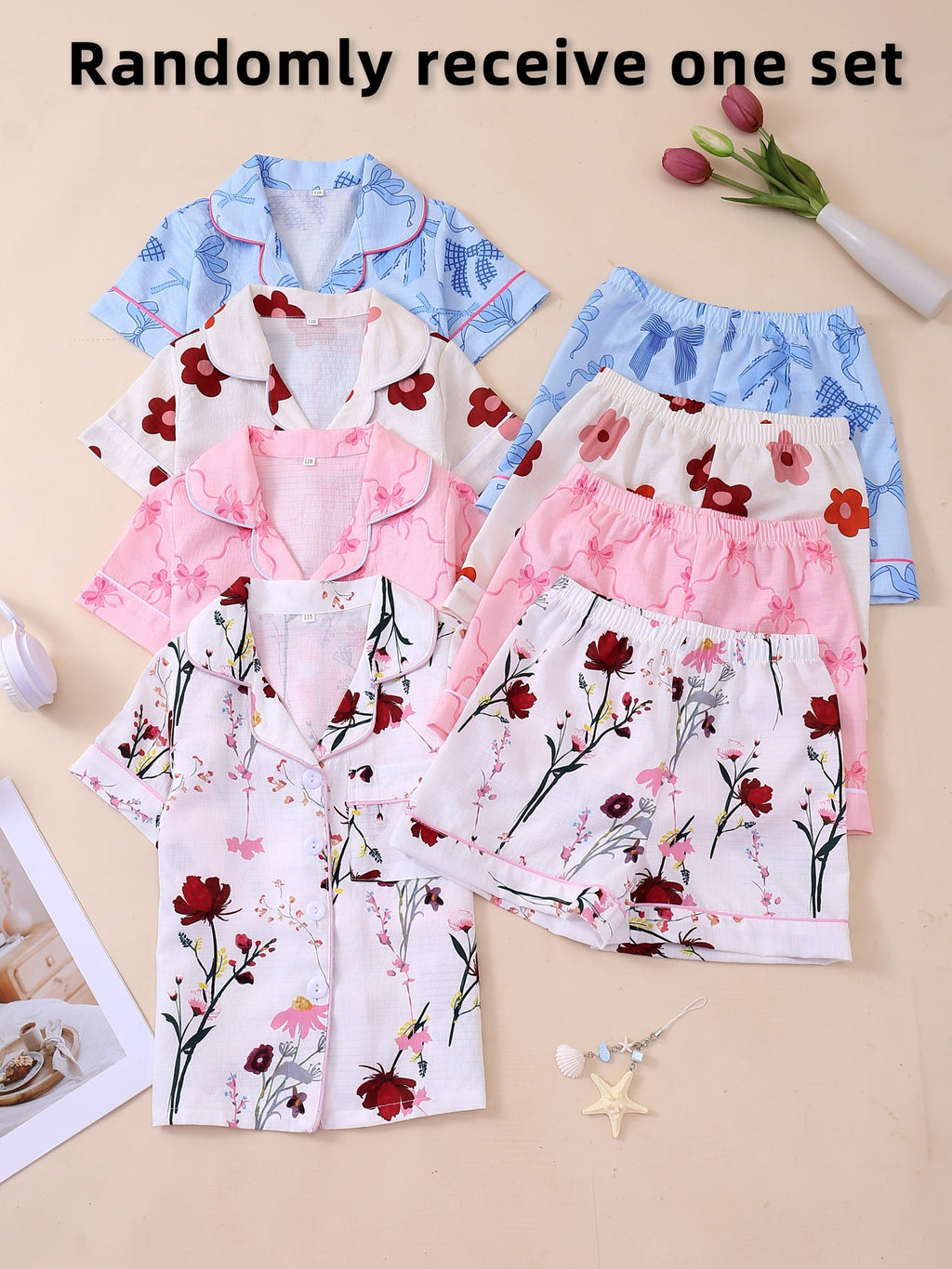 Girls' Printed Pajama Set with a Collared Short Sleeve Shirt and Matching Shorts in One Random Design