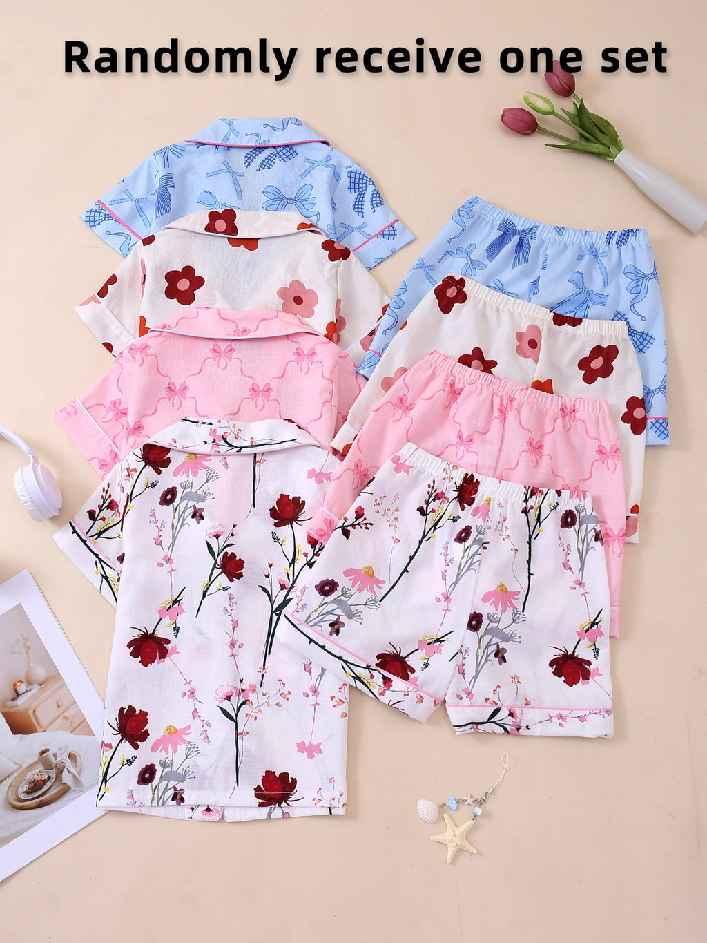 Girls' Printed Pajama Set with a Collared Short Sleeve Shirt and Matching Shorts in One Random Design