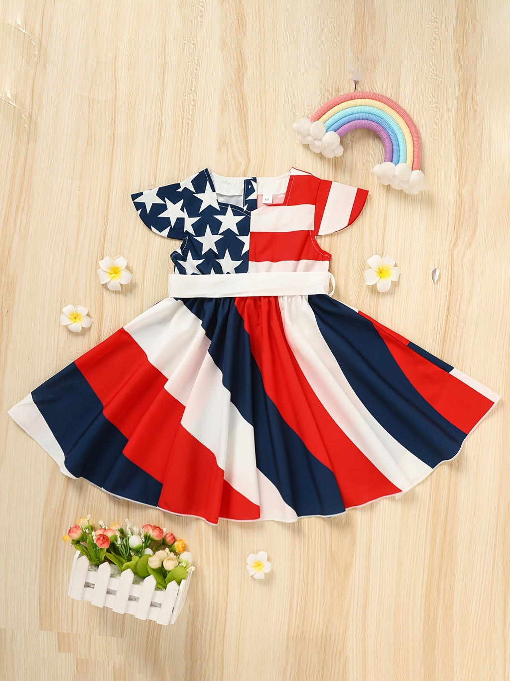 Girls' Stars and Stripes Twirl Dress in Red White and Blue with Short Sleeves for Fourth of July Outfits