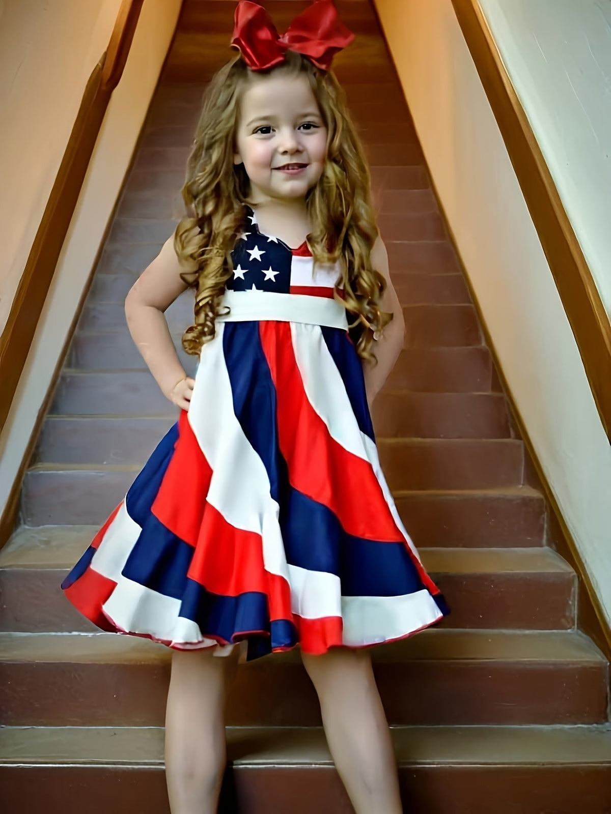 Girls' Stars and Stripes Twirl Dress in Red White and Blue with Short Sleeves for Fourth of July Outfits