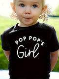 Girls' Pop Pop's Girl Cotton T-Shirt in Black with White Family Lettering for Everyday Casual Outfits