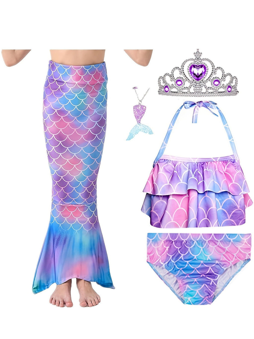 Girls' Mermaid Tail Costume 5-Piece Set with Matching Top and Briefs for Imaginative Dress-Up