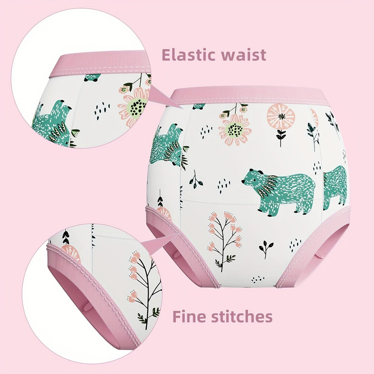 Toddler Training Pants for Girls with Animal Prints and Pink Elastic Trim for Potty Training Practice