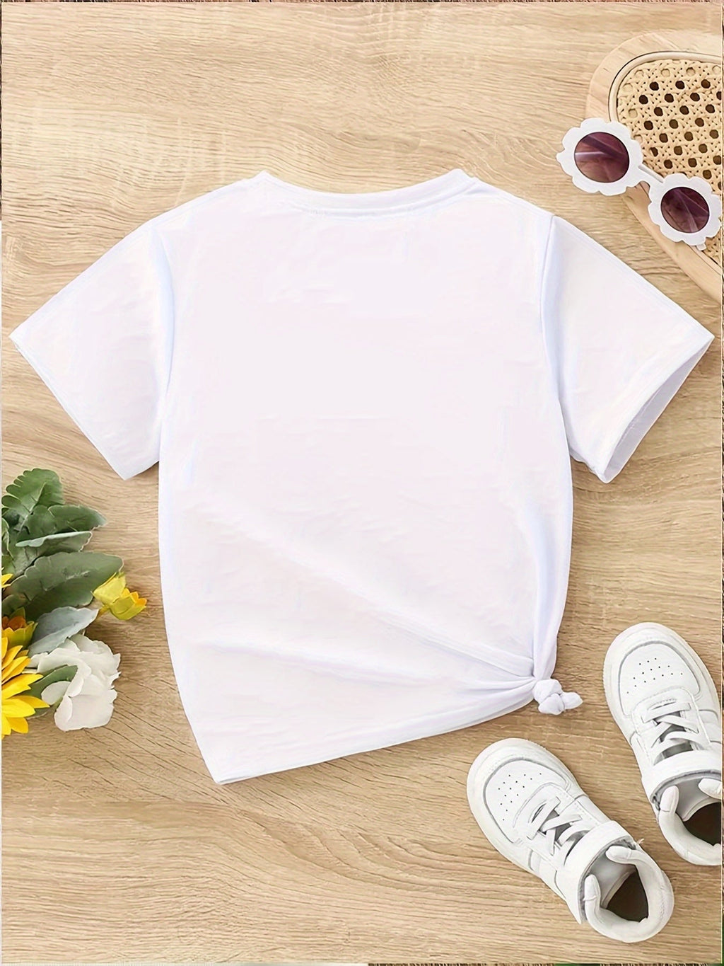 Girls' White Cotton Kidlife Graphic T-Shirt with Hair Buns and Leopard Sunglasses for Casual Summer Wear