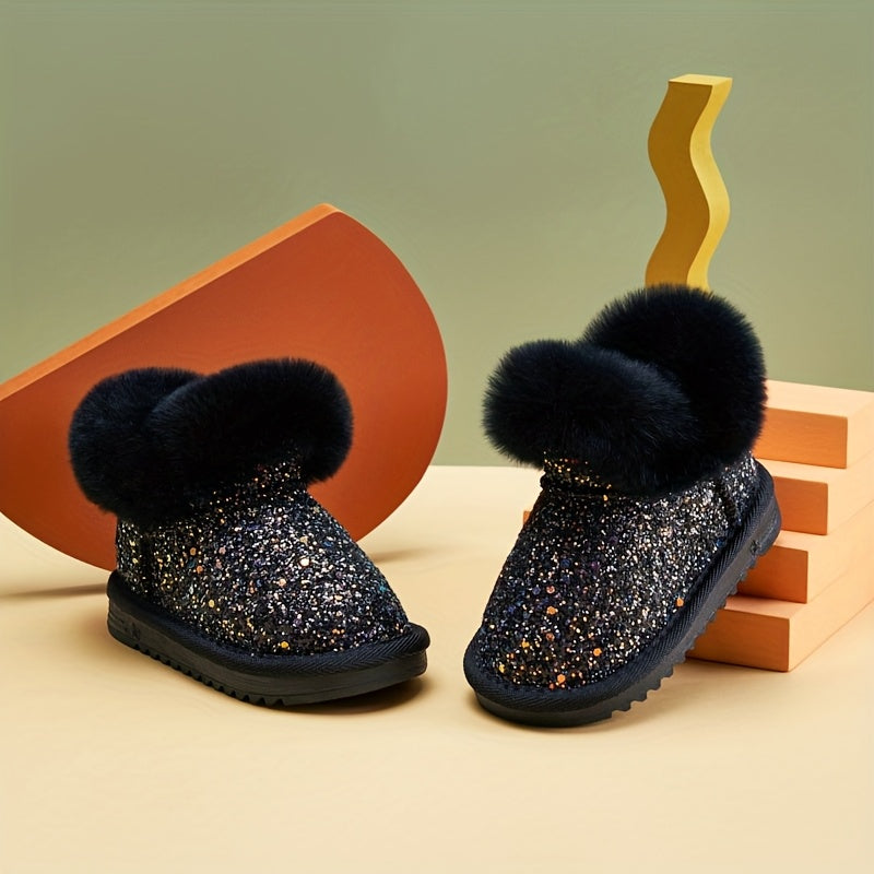 Girls' Glitter Snow Boots with Fluffy Cuffs and Rounded Toes in Black, Pink or Purple for Winter Wear