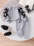 Baby Girls' Gray Sweatshirt and Pants Set with Black Bow Sleeves and Ribbed Cuffs for Everyday Wear
