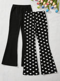 Girls' Flare Pants Two-Pack with Solid Black and Heart Print Designs for Everyday Casual Outfits