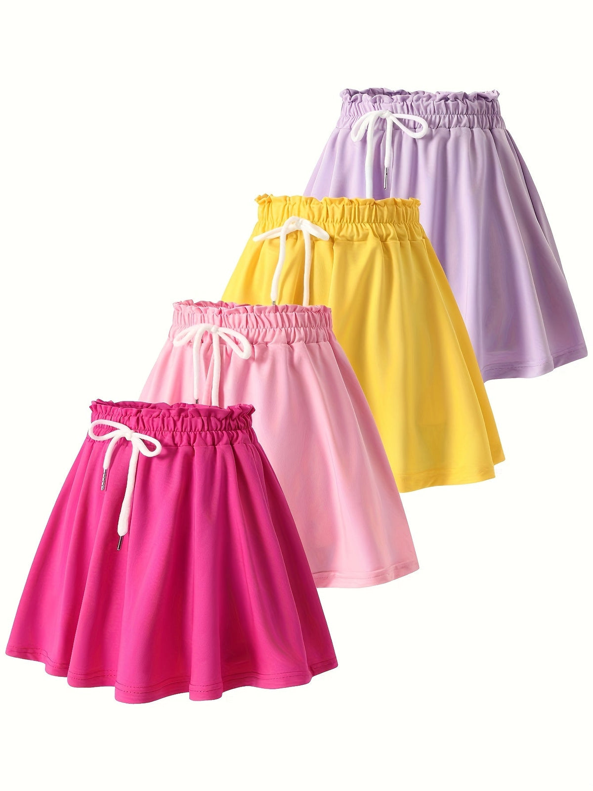 Girls Skorts Four-Pack with Inner Shorts and Drawstring Elastic Waists for Summer Everyday Outfits