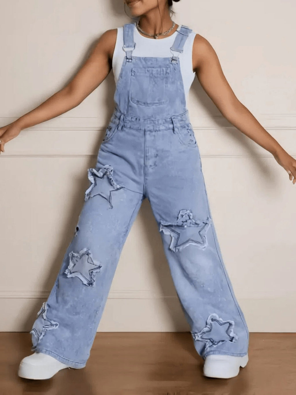 Girls' Star Patch Denim Overalls with Wide Legs and a Bib Pocket in Blue Washes for Casual Layering