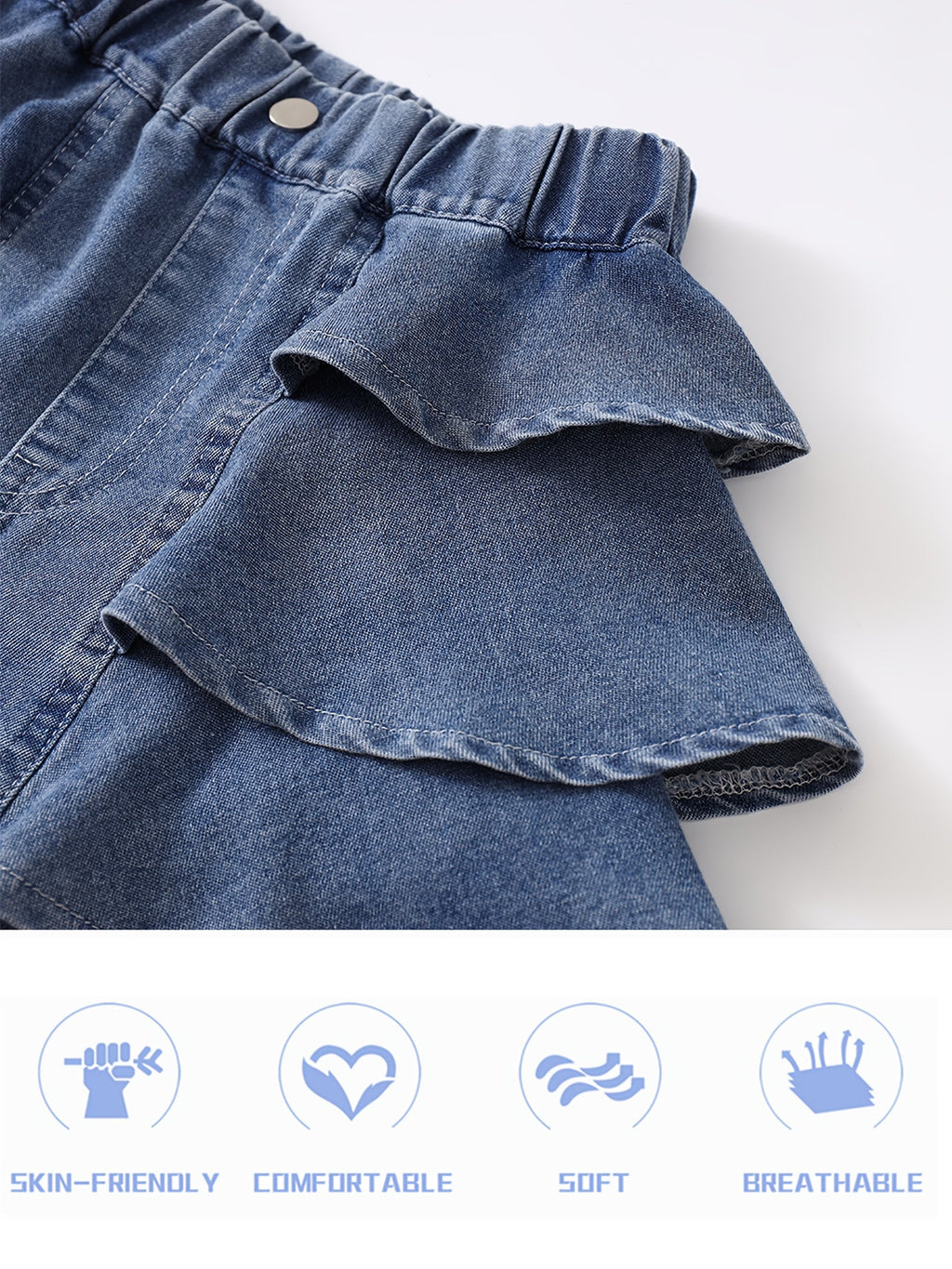 Girls' Denim Shorts with Tiered Ruffles and an Elastic Waist for Textured Summer Outfits and Casual Wear