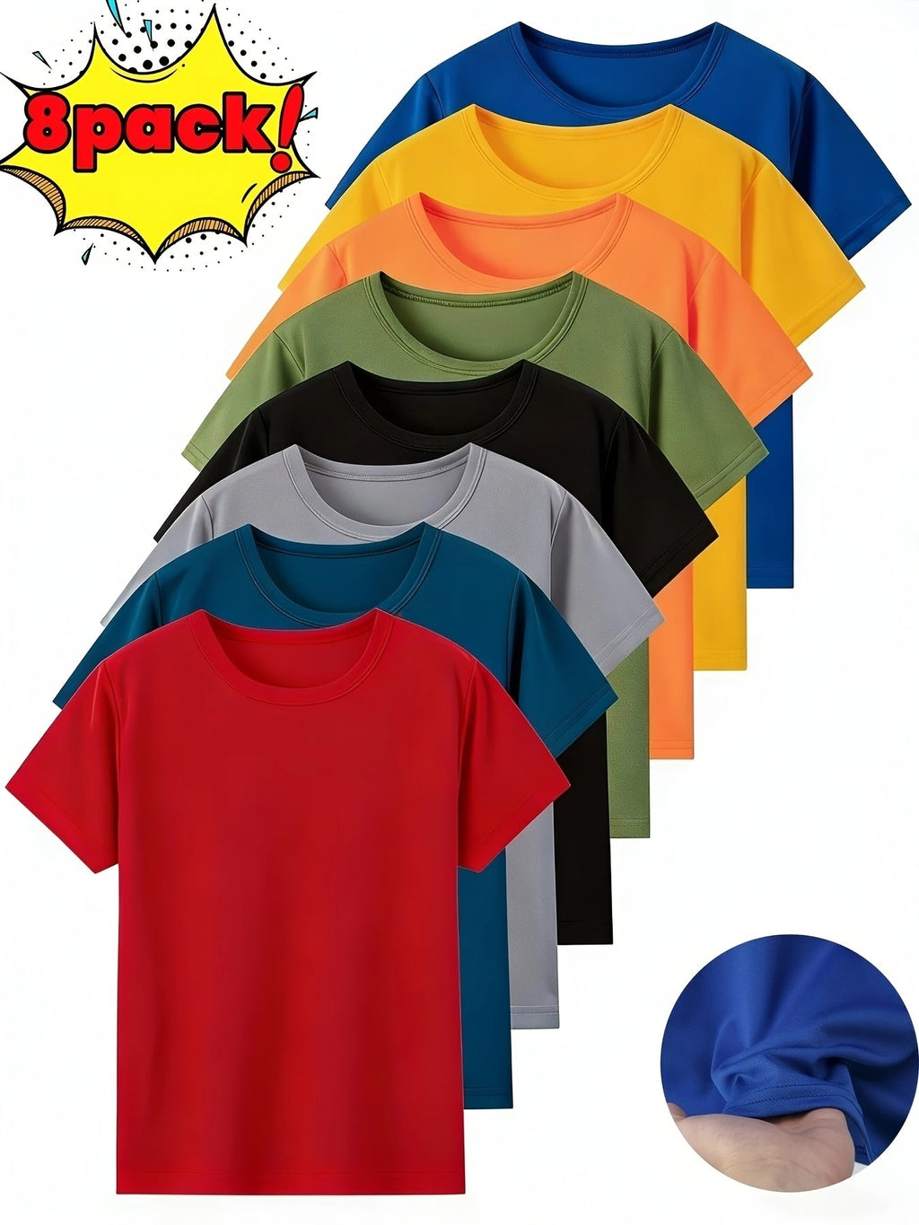 Kids' T-Shirts Eight Pack in Mixed Colors with Crew Necks and Short Sleeves for Summer Play and Everyday Wear