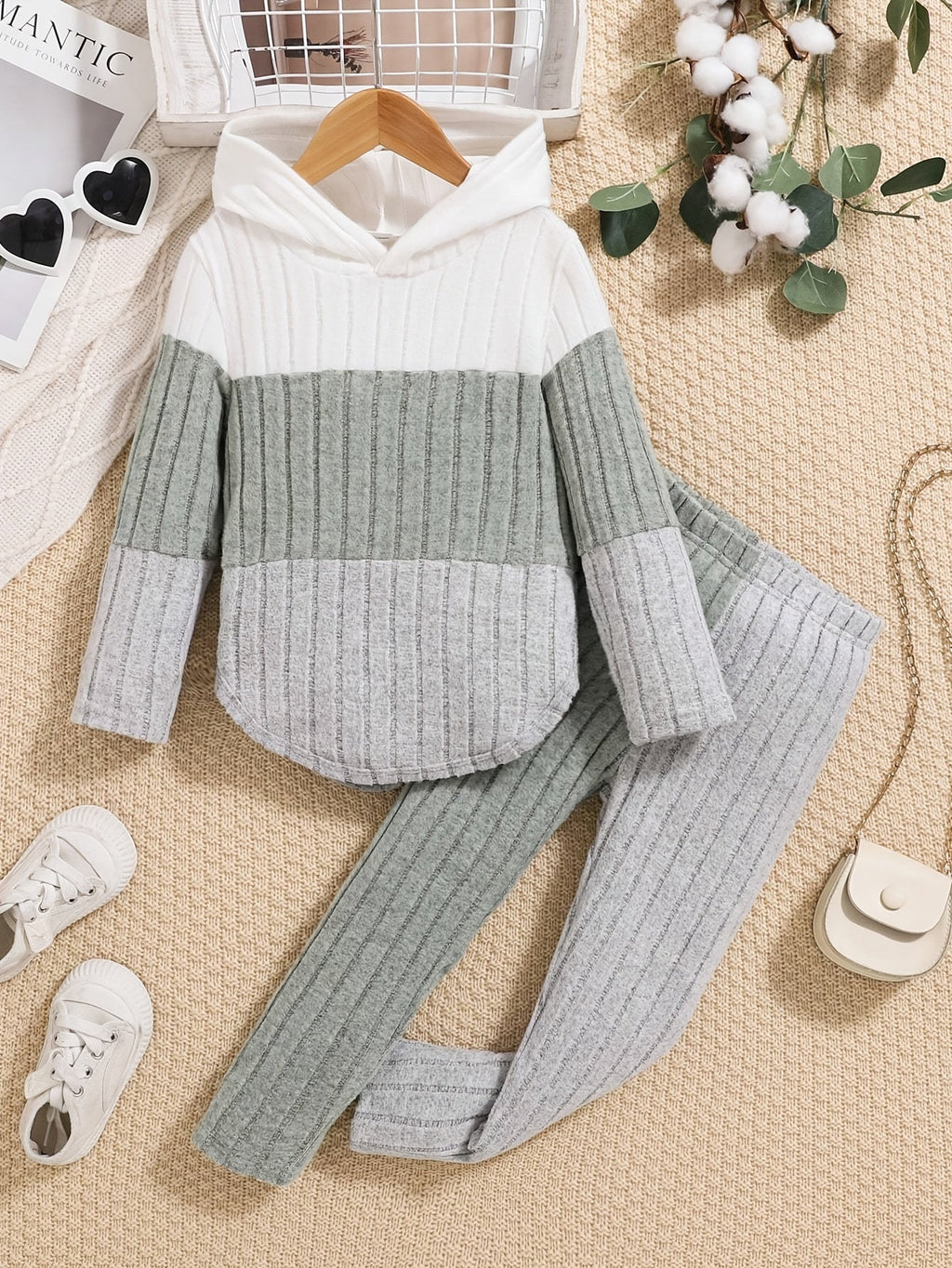 Kids' Ribbed Color Block Hoodie and Pants Set with Long Sleeves for Casual Fall and Winter Outfits