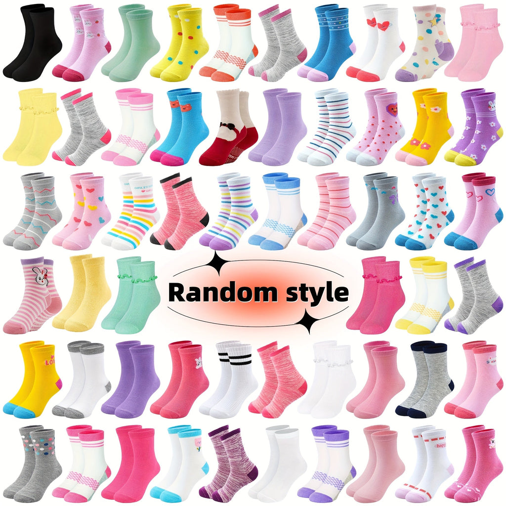 Girls' Crew Socks Twenty Four Pair Pack in Random Solid and Cartoon Styles for Everyday Shoe Outfits