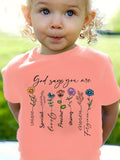 Kids' God Says You Are Floral T-Shirt with Colorful Flower Illustrations and Short Sleeves for Daily Wear