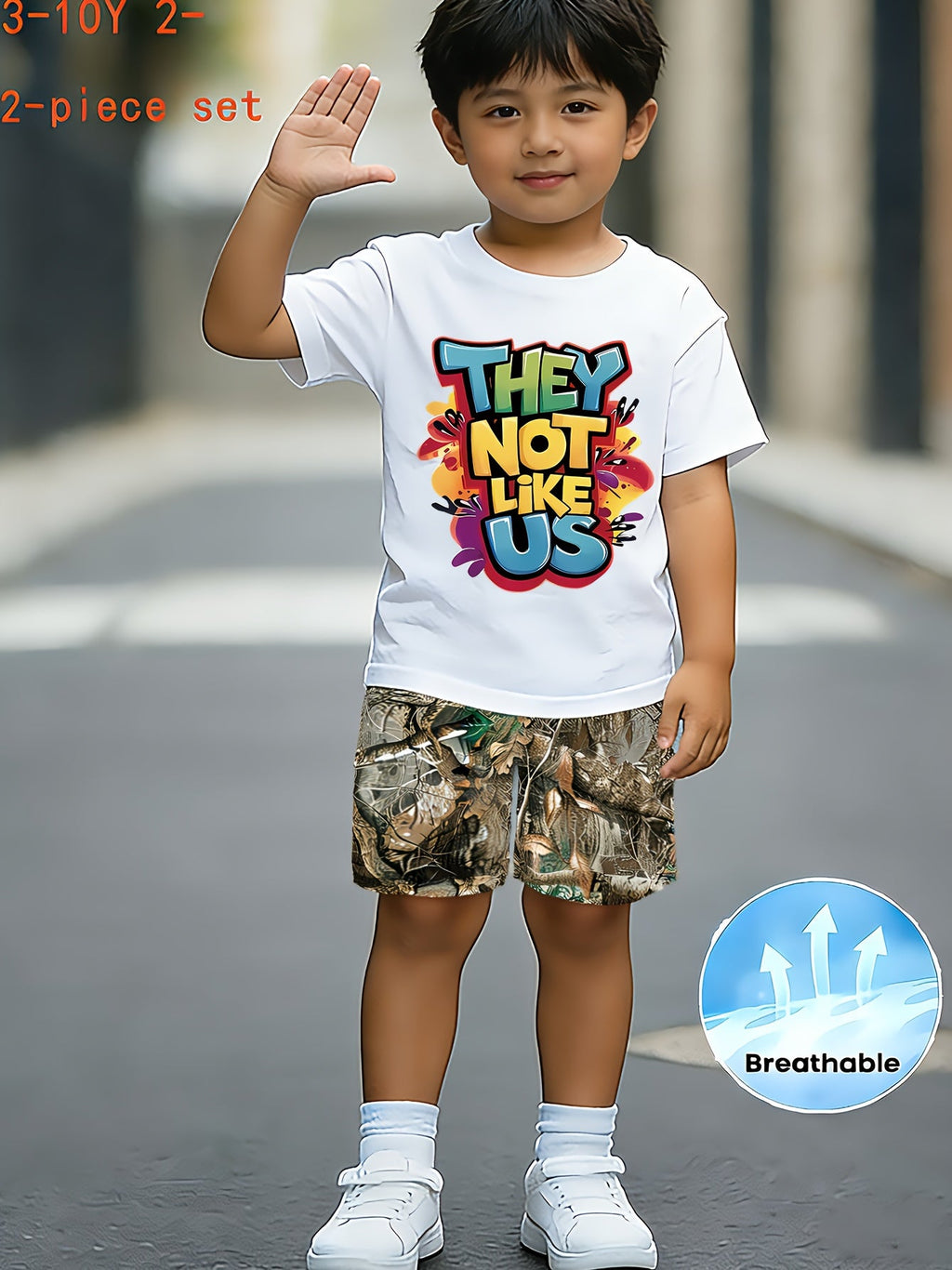 Kids' Graphic T-Shirt and Splatter Print Shorts Set with Colorful They Not Like Us Lettering for Summer