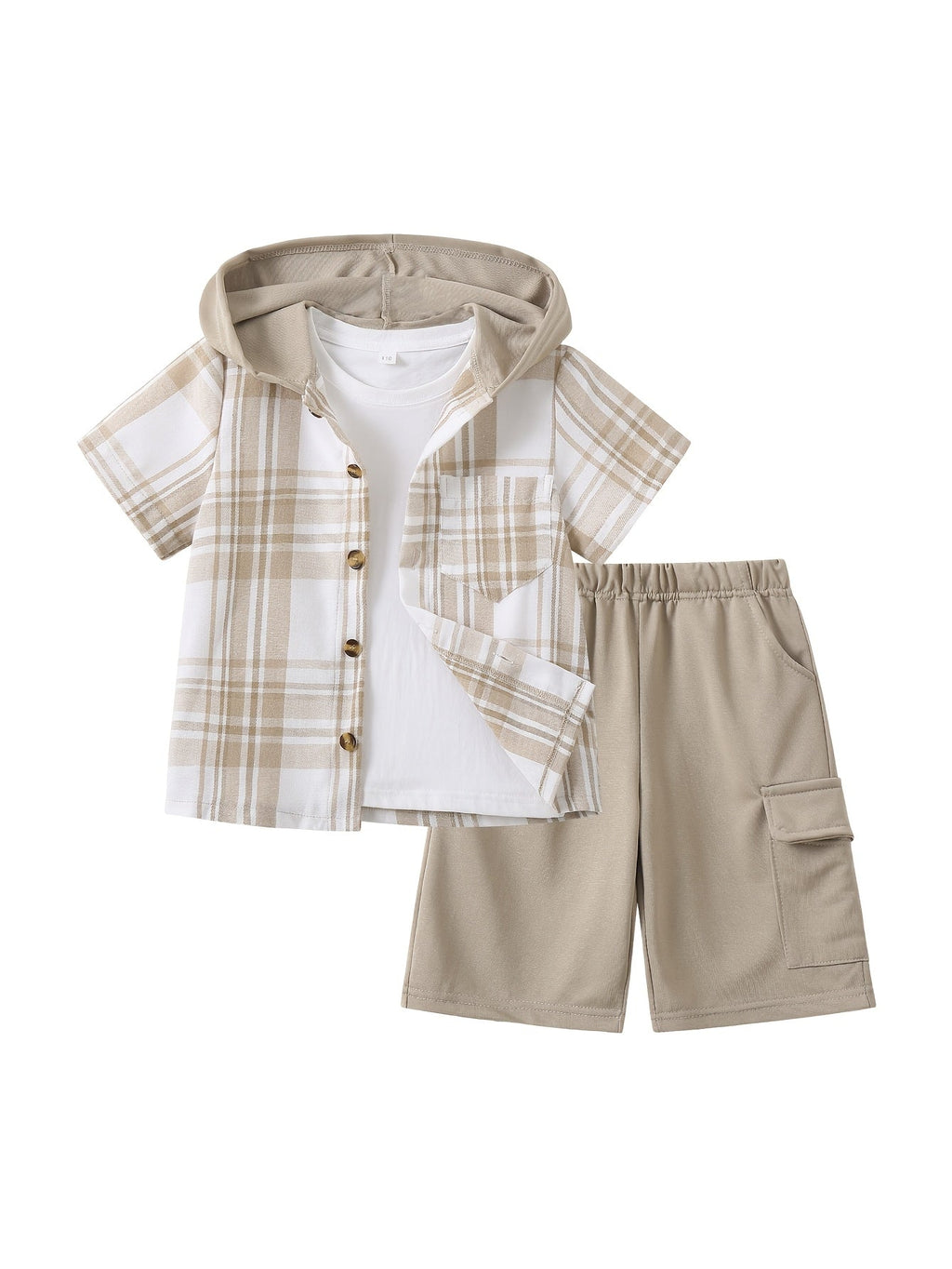 Kids' Hooded Shorts Set with a Short Sleeve Plaid Button Shirt and Matching Cargo Style Shorts