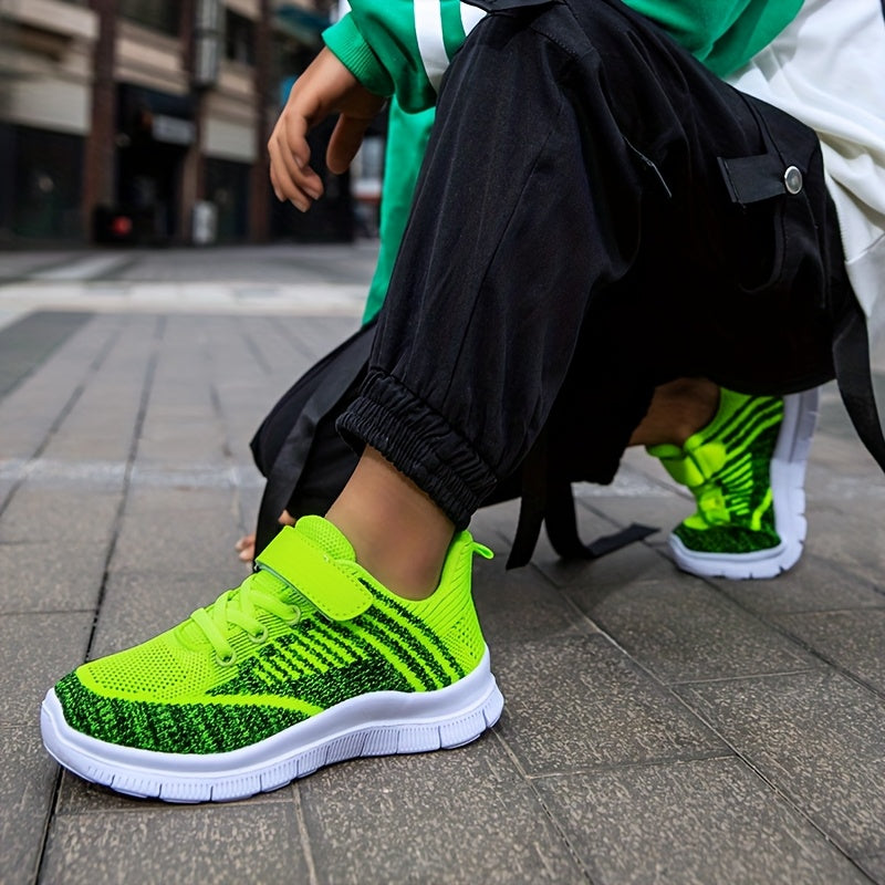 Kids' Mesh Sneakers with Instep Straps and Striped Knit Panels in Green, Blue or Red for Everyday Play
