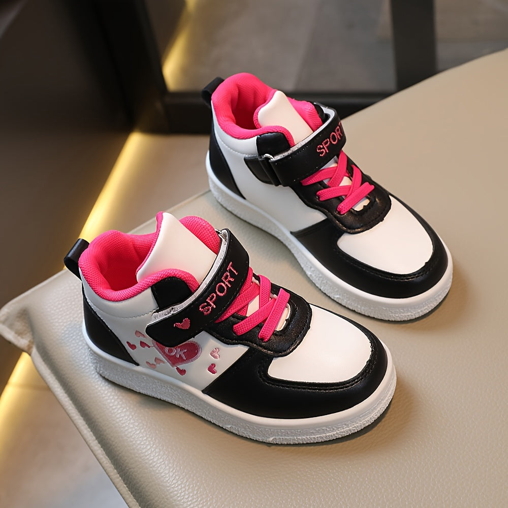 Kids' Strap Fastening Sneakers in T-525 Solid and T-529 Heart Print Styles with Contrasting Soles