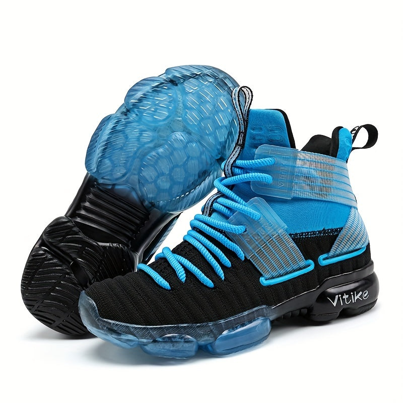 Kids' Blue High Top Sneakers with Crossed Ankle Straps and Translucent Sole Sections for Casual Wear