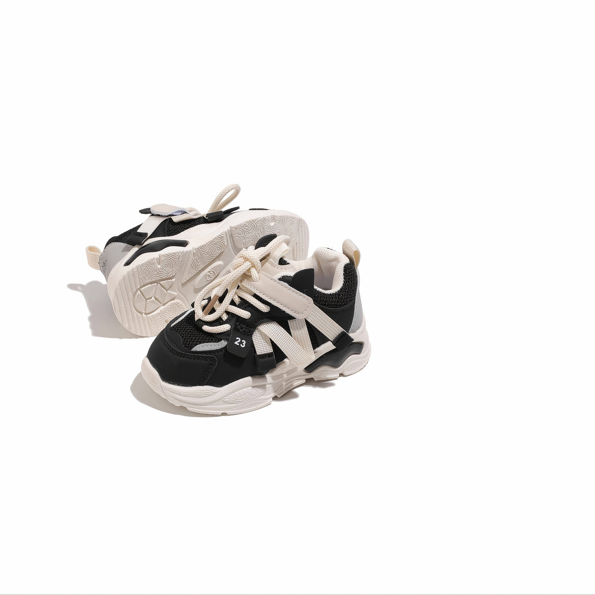 Kids' Chunky Panel Sneakers with Mesh Sections and Lace Up Fronts in Fuchsia, Beige or Black Styles