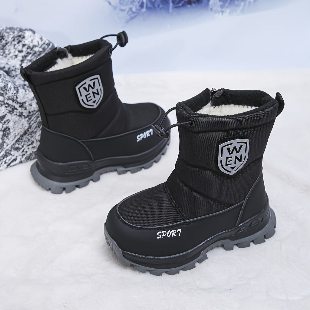 Kids' Fleece-Lined Winter Boots with Front Zippers and Drawstring Cuffs in Black or Green for Cold Days
