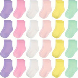 Girls' Pastel Crew Socks Twenty Four Pair Pack with Solid Colors and Ribbed Cuffs for Everyday Shoe Pairing