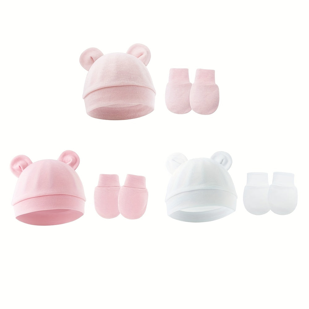 Newborn Hat and Mitten Sets with Bear Ear Details in Coordinating Solid Colors for Everyday Baby Outfits
