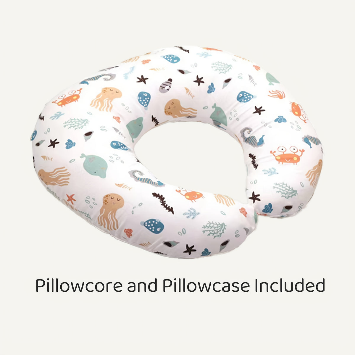 C-Shaped Nursing Pillow with a Removable Printed Cover for Supporting the Arms During Seated Feeding