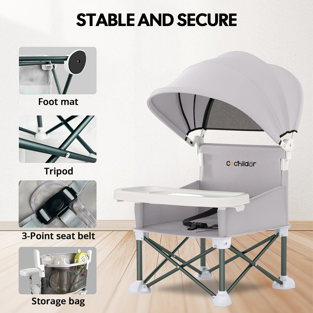 Portable Baby Booster Seat with a Canopy and Detachable Feeding Tray for Family Meals on Days Out