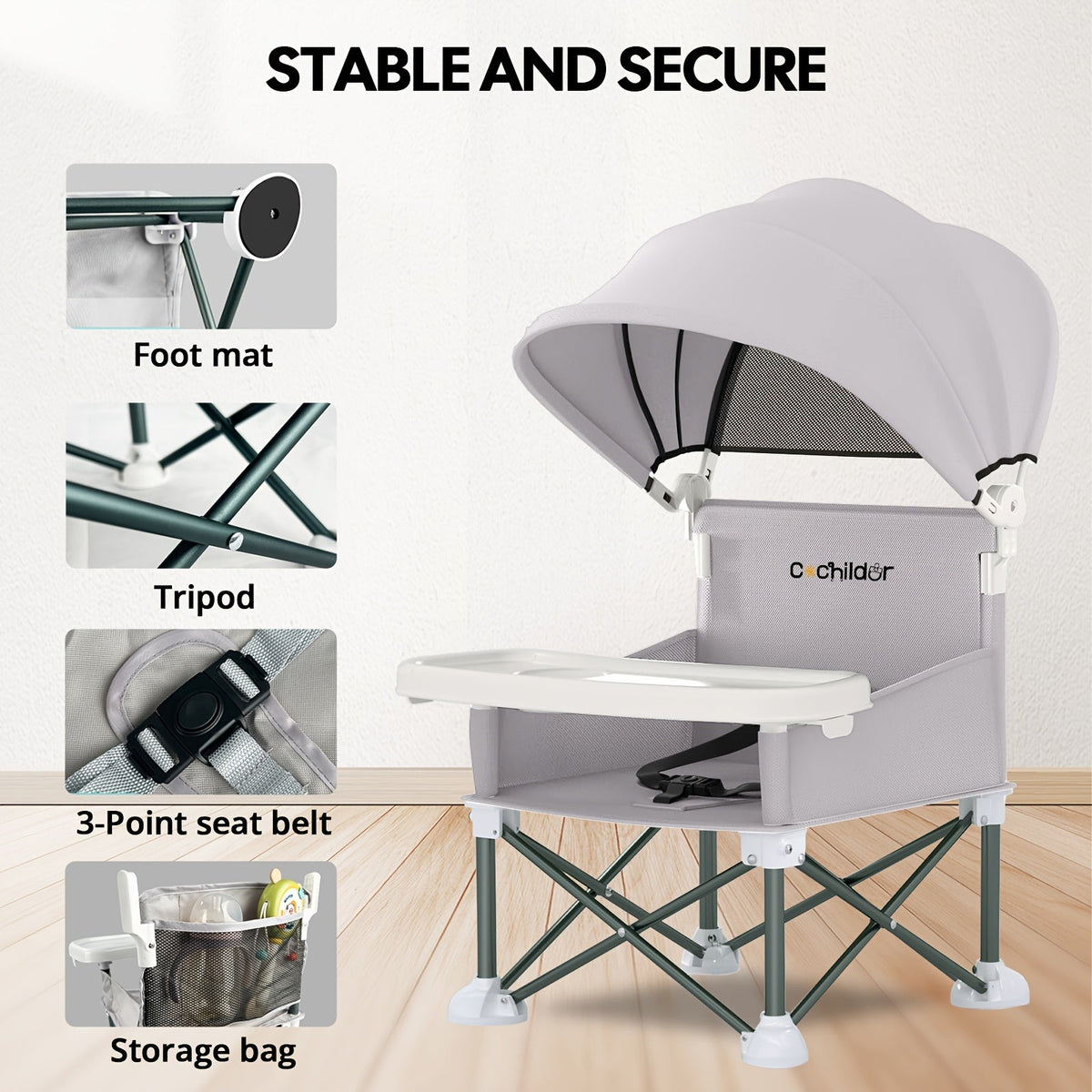 Portable Baby Booster Seat with a Canopy and Detachable Feeding Tray for Family Meals on Days Out