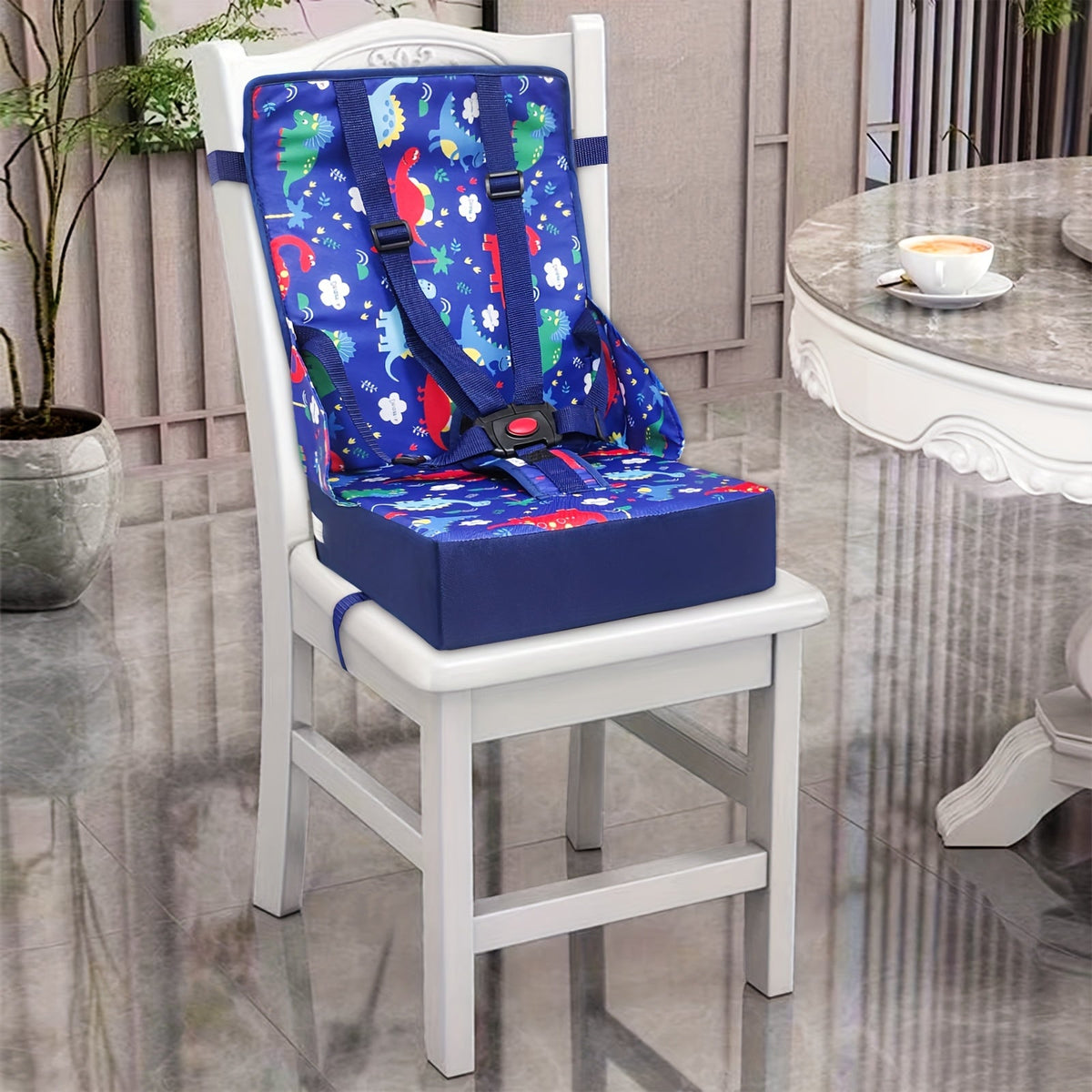 Dining Booster Seat Cushion with an Attached Back Pad and Adjustable Straps in Playful Printed Designs