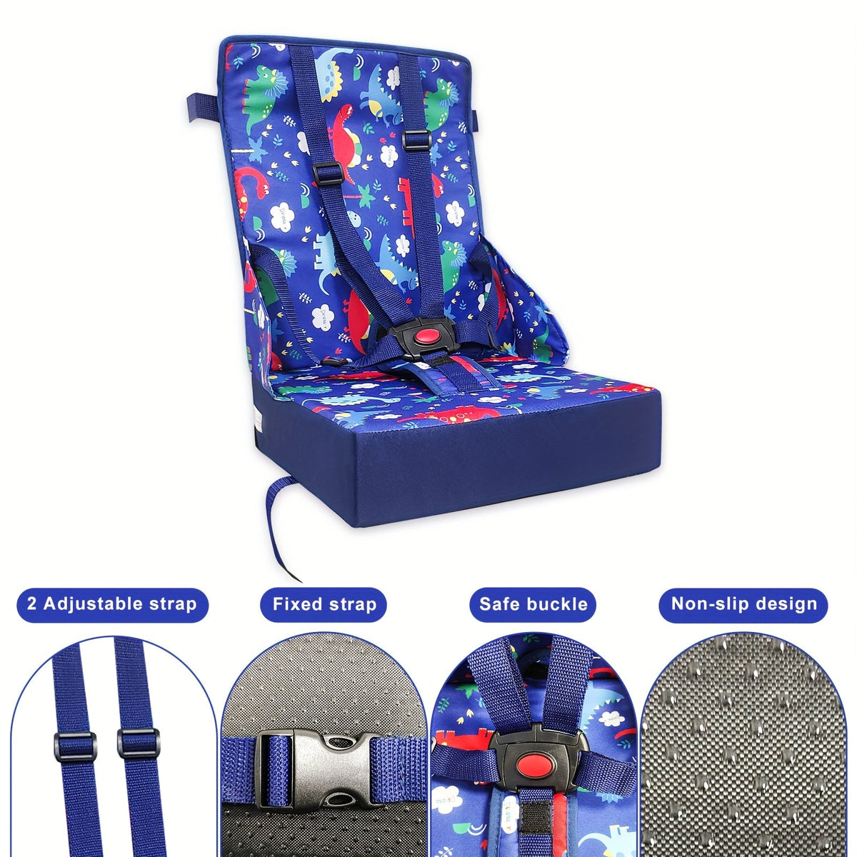 Dining Booster Seat Cushion with an Attached Back Pad and Adjustable Straps in Playful Printed Designs