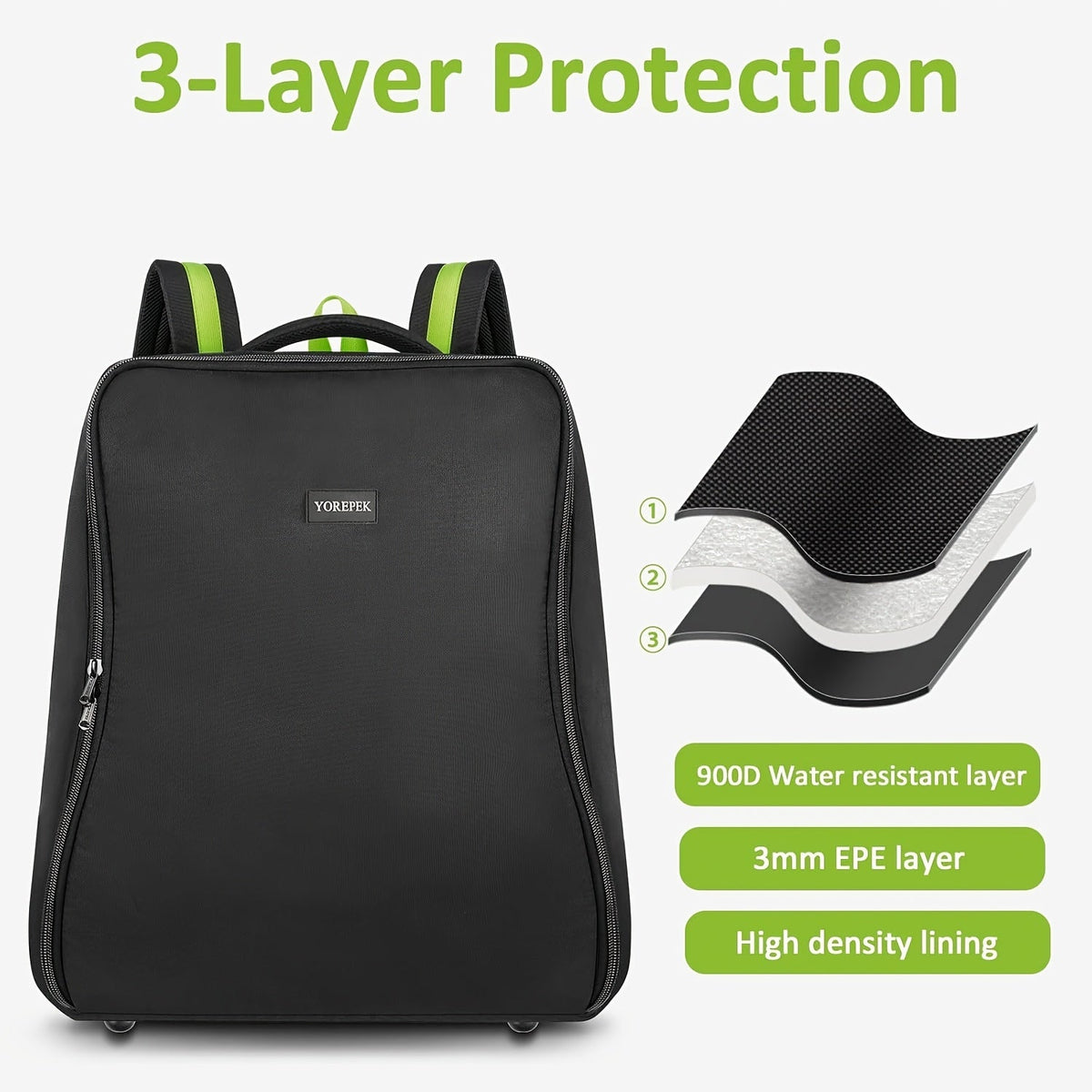 Padded Stroller Travel Bag in Black with Green Lining and Three Layer Fabric Construction for MINU