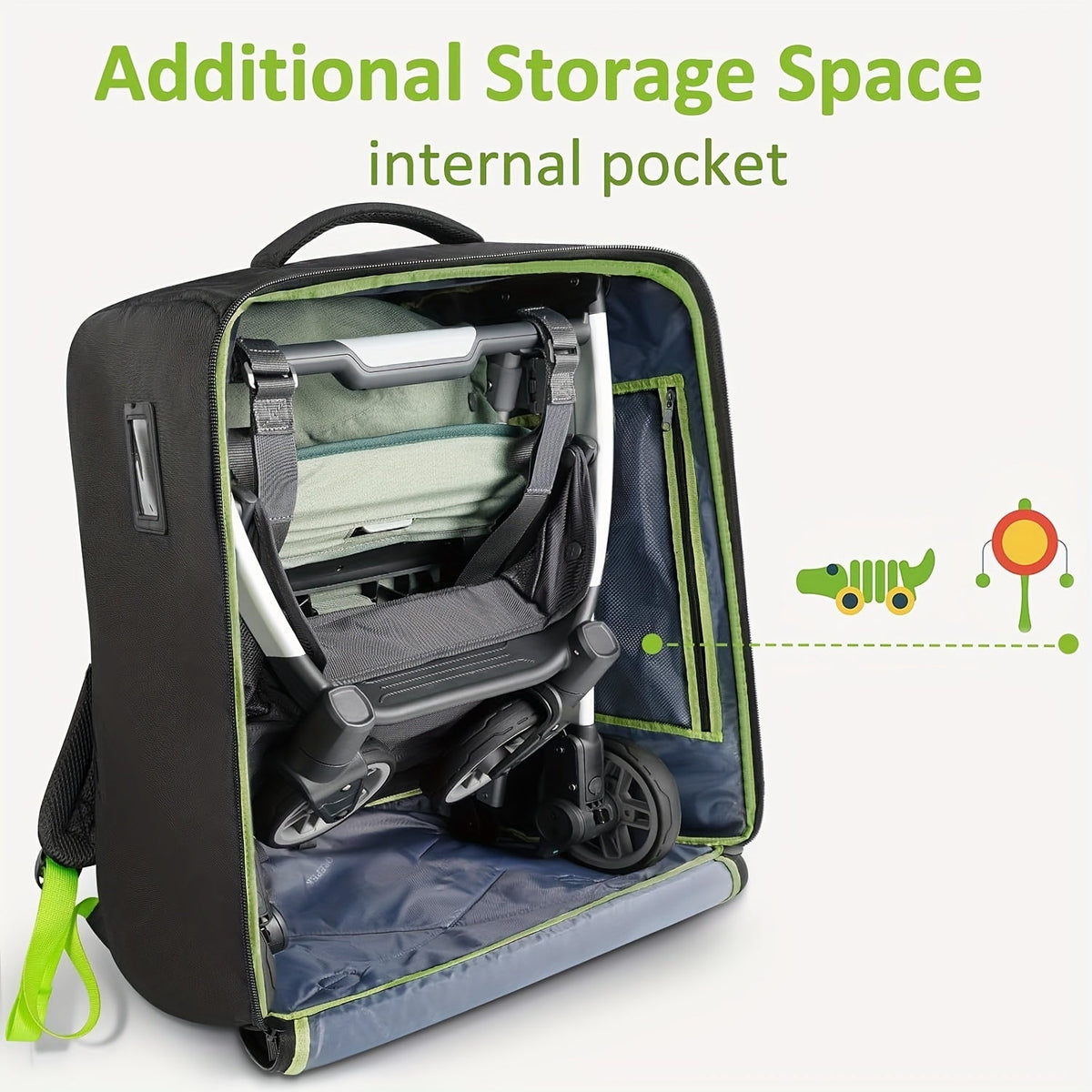 Padded Stroller Travel Bag in Black with Green Lining and Three Layer Fabric Construction for MINU