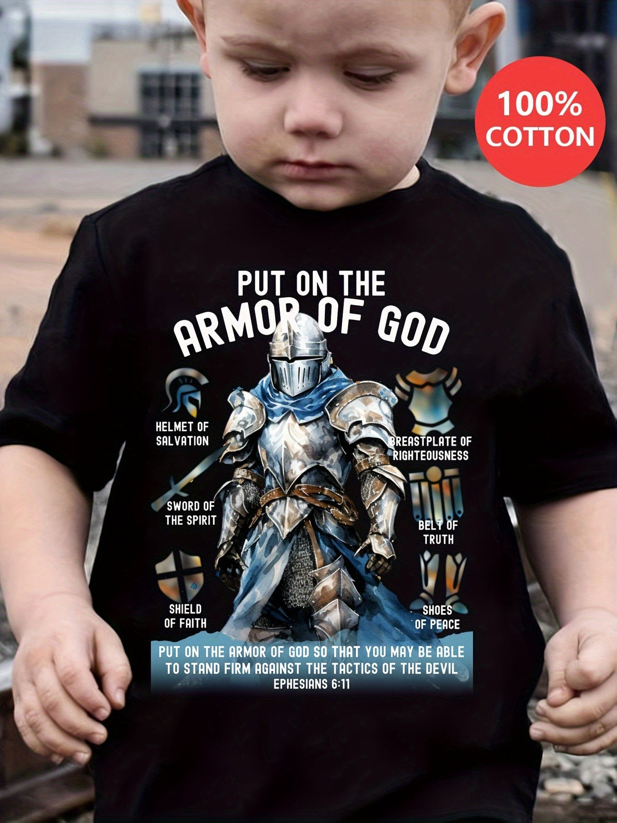Kids' Black Cotton Faith Graphic T-Shirt with Armor of God Print and Short Sleeves for Everyday Wear
