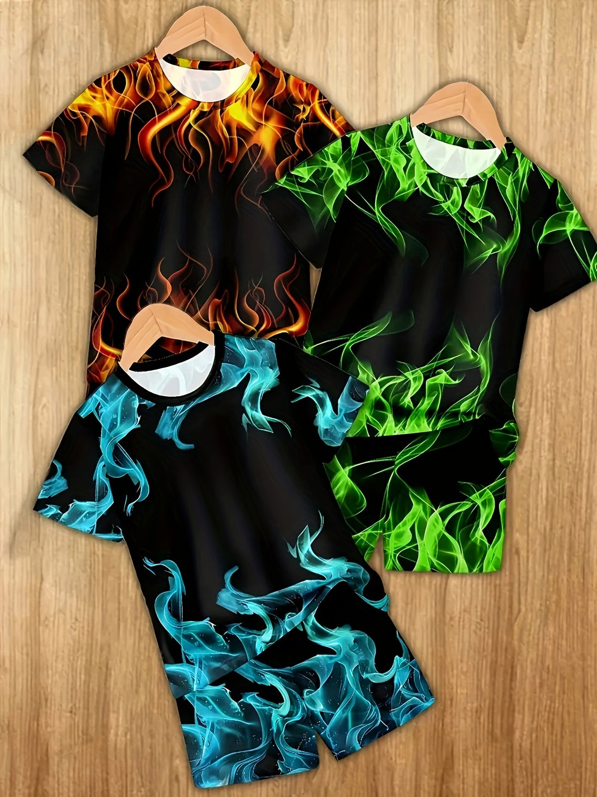 Boys' Three Flame Print Shirt and Shorts Sets in Orange Green and Blue with Crew Neck Short Sleeve Tops