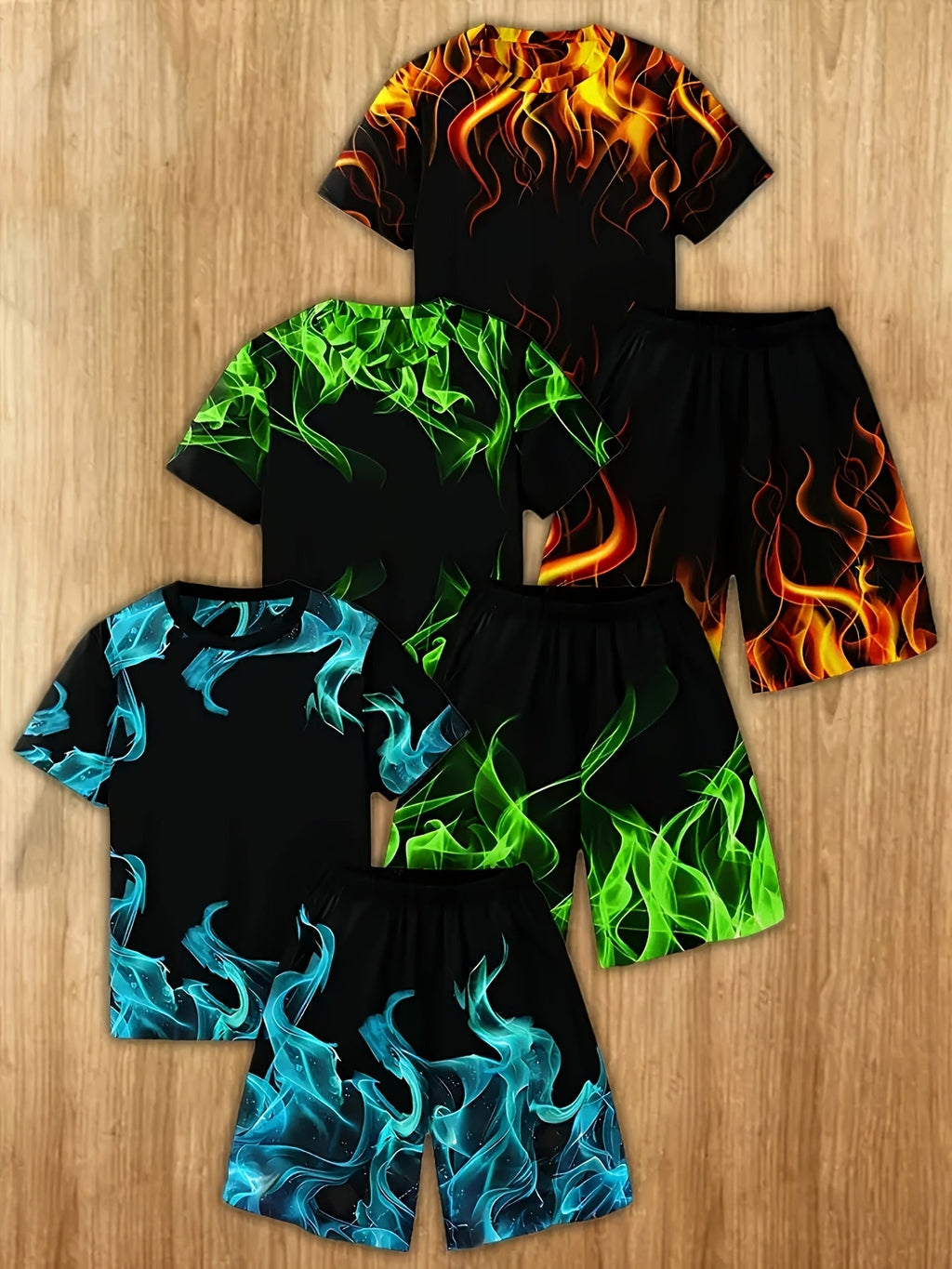 Boys' Three Flame Print Shirt and Shorts Sets in Orange Green and Blue with Crew Neck Short Sleeve Tops