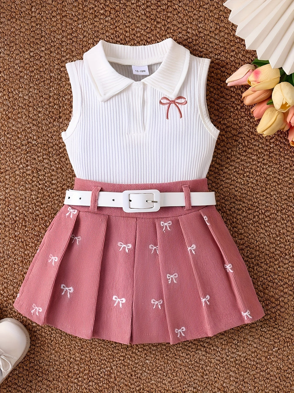 Toddler Girls' Skirt Outfit with a White Collared Bow Top and Pink Pleated Skirt, Including a Belt